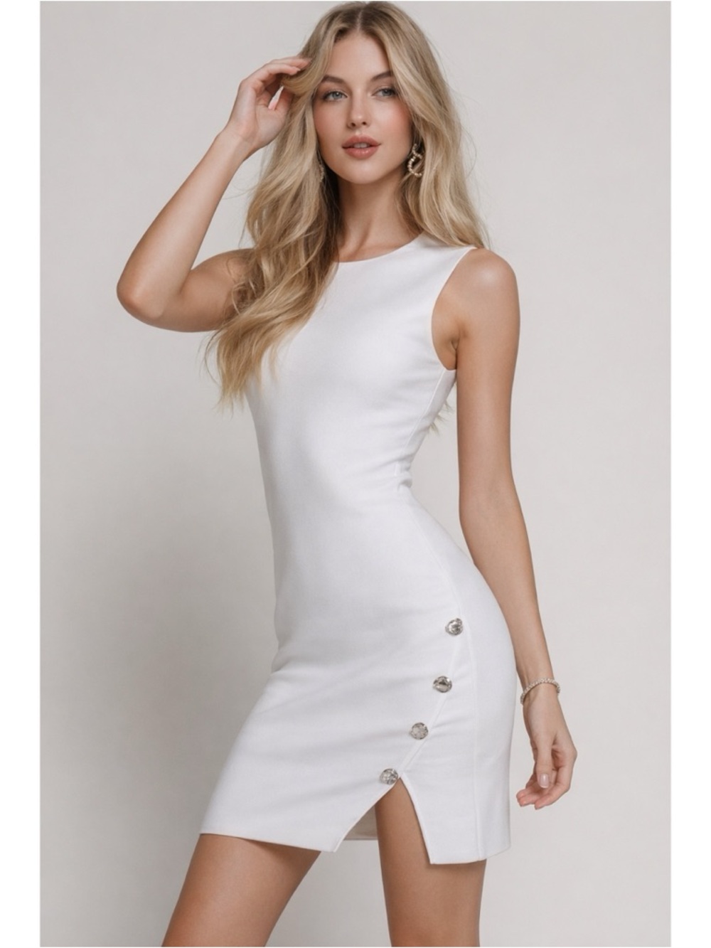 NWT Sleek White Sleeveless Bodycon Dress with Side Button Detail